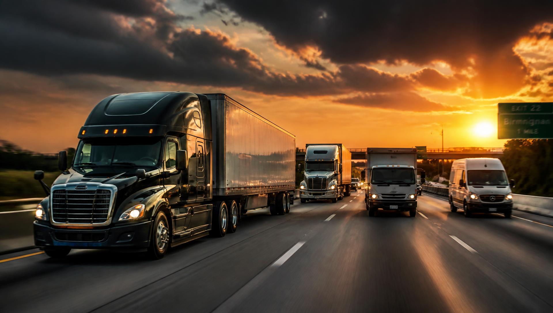 Semi trucks, a box truck and a cargo van traveling an interstate highway at sunset